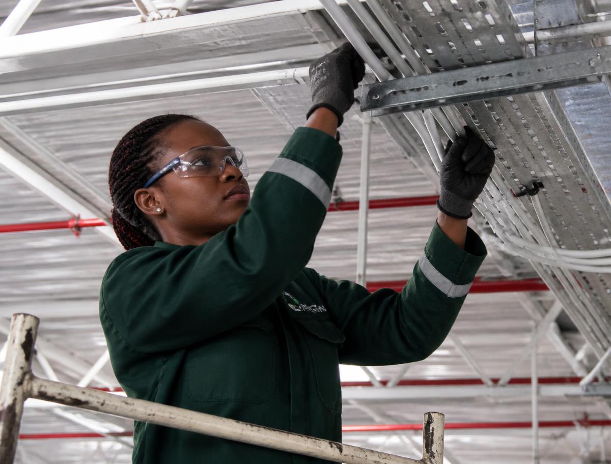 A LECAN member technician installing cable trays in a warehouse